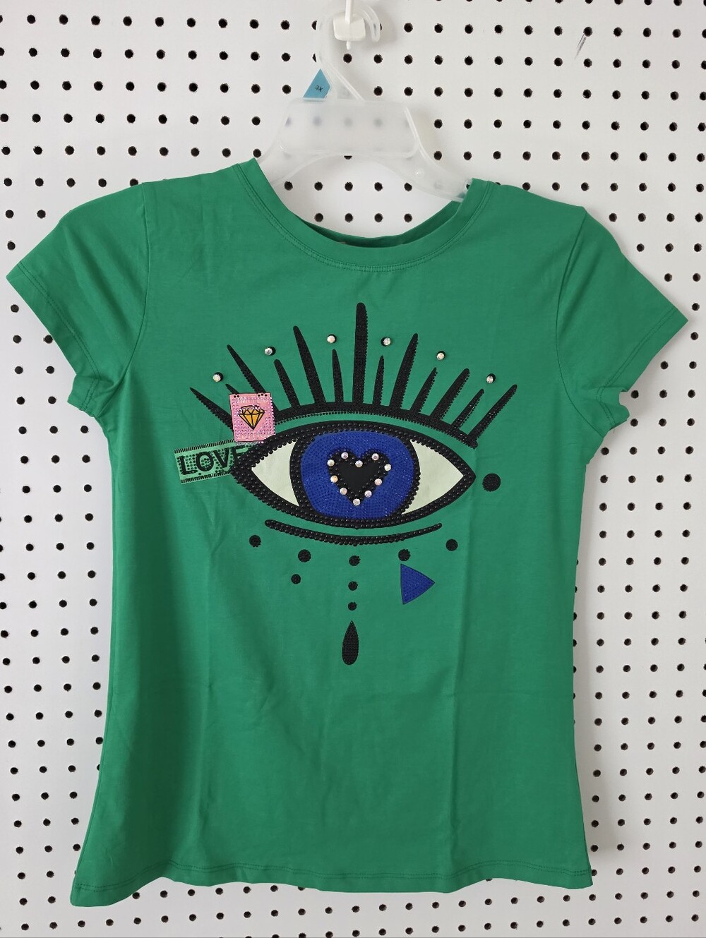 Evil Eye Rhinestone Graphic Tee Green Heart Studded Shirt NWT M - Picture 5 of 10